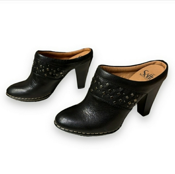 Sofft Shoes - SOFFT Black Leather Heeled Mules Silver Stud Design